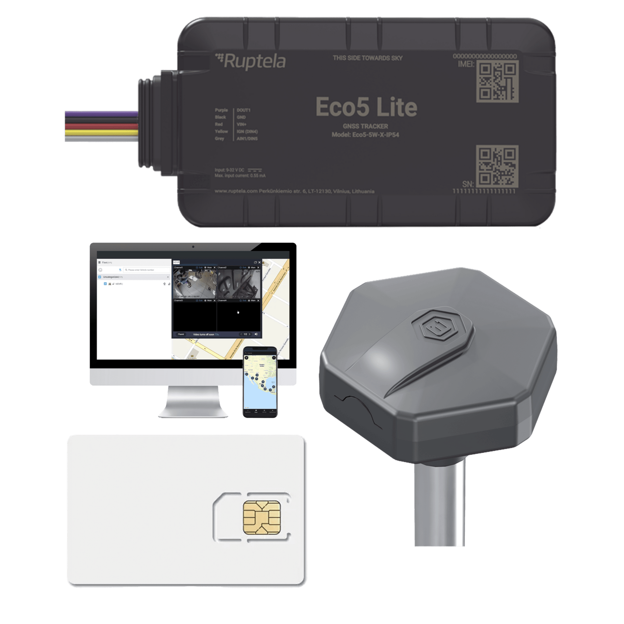 Rastreador Vehicular y Monitoreo de Flota / BLE 5.0 y GNSS / LTE CAT1 y LTE-M con Respaldo 2G / GNSS U-blox / MiKado IP54 / -20 Â°C a +40 Â°C / AcelerÃ³metro de 3 Ejes / Suministro 9-32 V / BaterÃ­a Interna