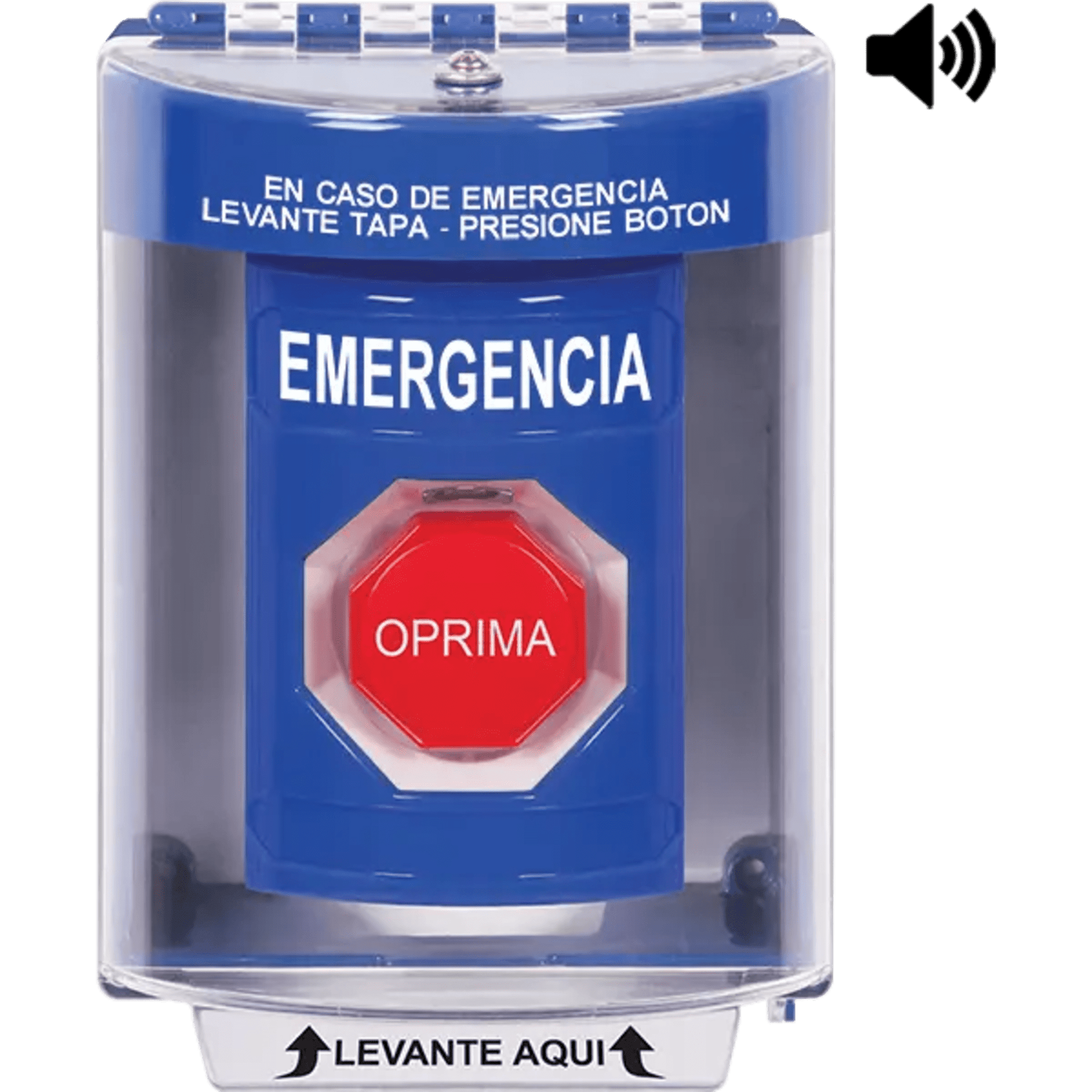?BotÃ³n MultipropÃ³sito, Color Azul, De Superficie con Espaciador, C/Tapa De Policarbonato, C/Bocina Pre Alarma, Interior/Exterior, Llave Para Restablecer, Texto De Emergencia, EspaÃ±ol