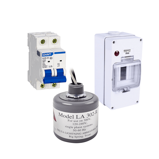 Kit de Centro de Carga Para Corriente Alterna, Breaker de hasta  400 Vca de 63 A con Supresor de Picos Transitorios.