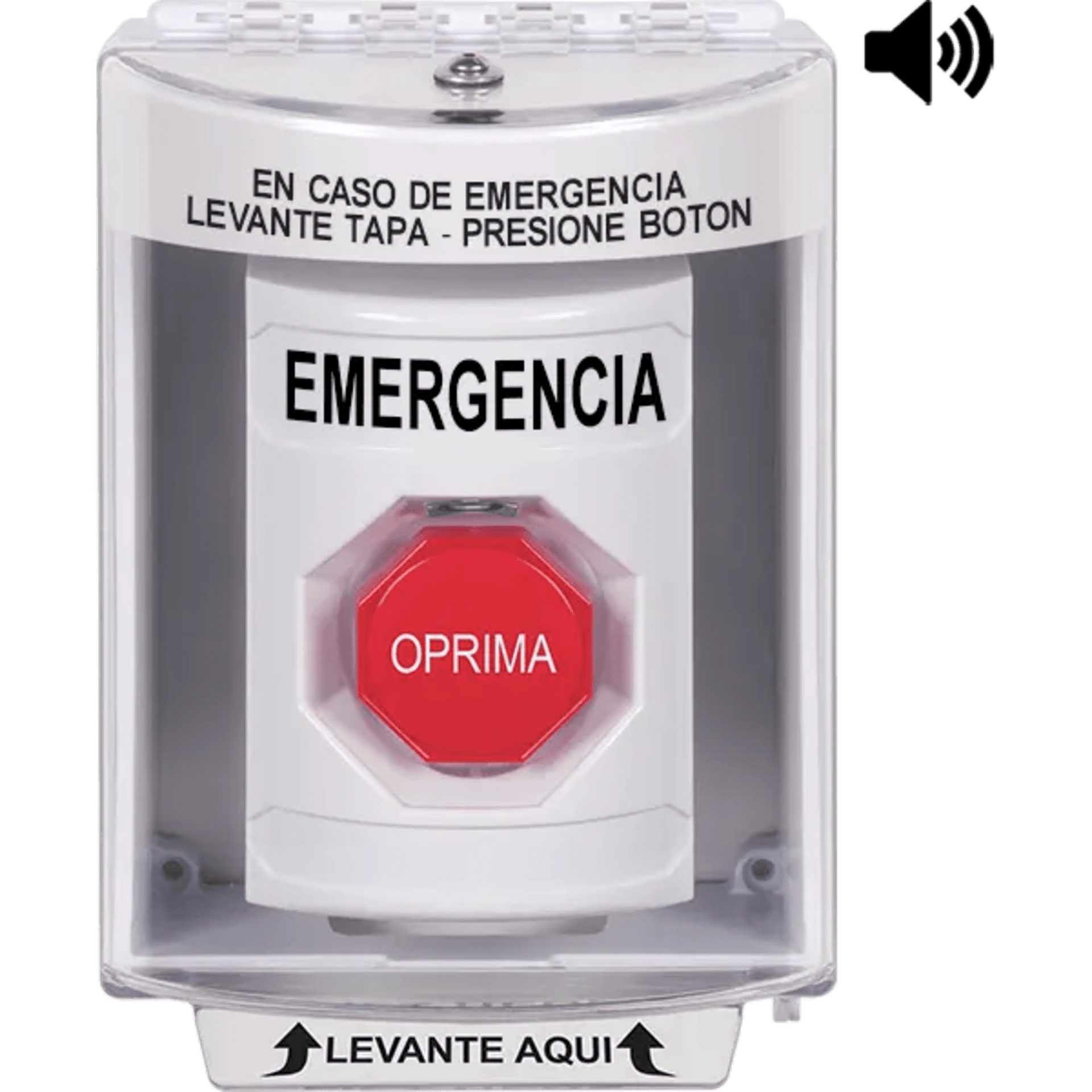 ?BotÃ³n MultipropÃ³sito, Color Blanco, De Superficie con Espaciador, C/Tapa De Policarbonato, C/Bocina Pre Alarma, Interior/Exterior, Llave Para Restablecer, Texto De Emergencia, EspaÃ±ol
