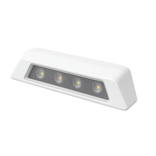 Luz de escena, 4 LED, bisel blanco, 12â24VCD, LED blanco y lente transparente