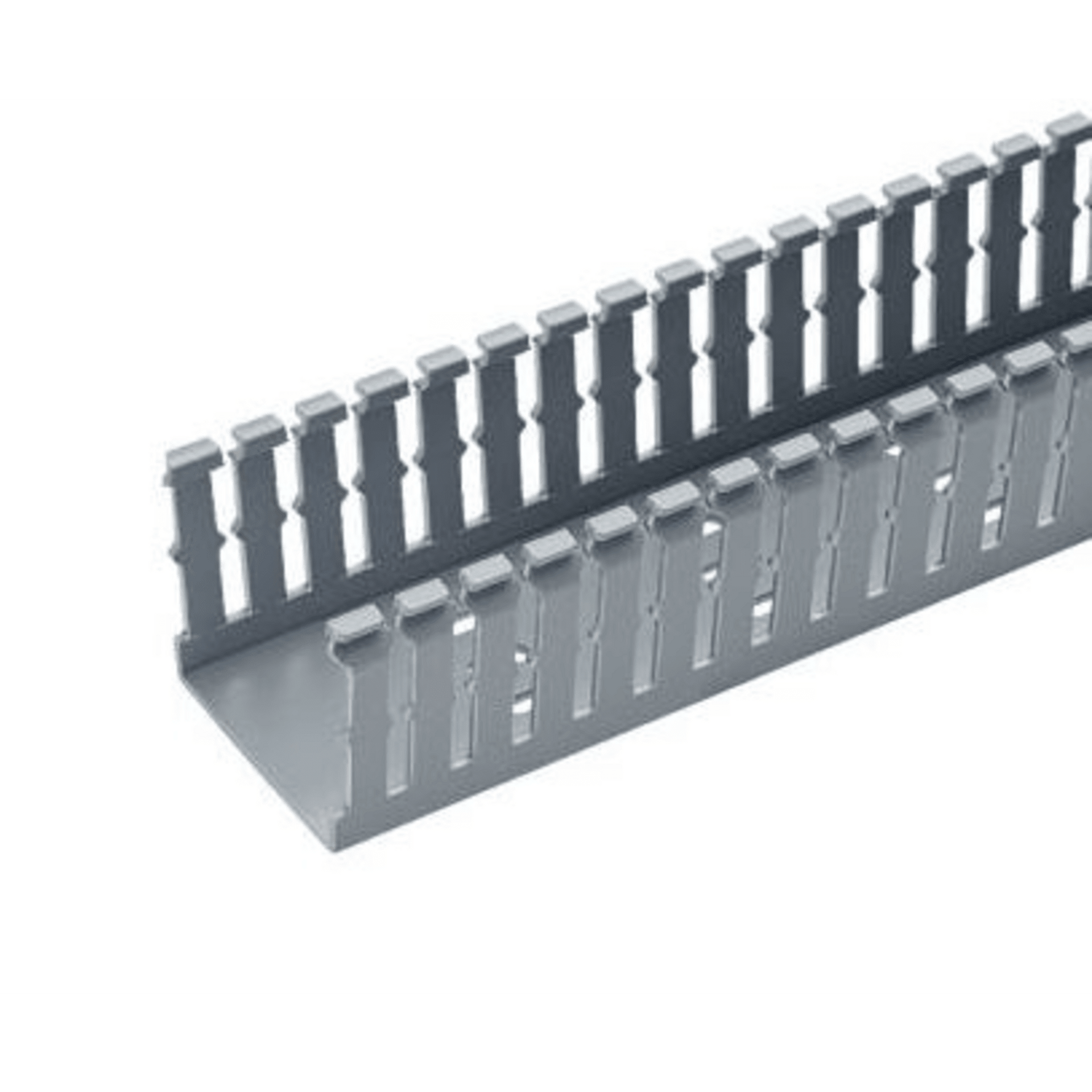 Canaleta Ranurada de PVC sin Tapa, Tipo F, 2.25 in de Ancho, 3.14 in de Alto y 1800 mm de Largo, Color Gris