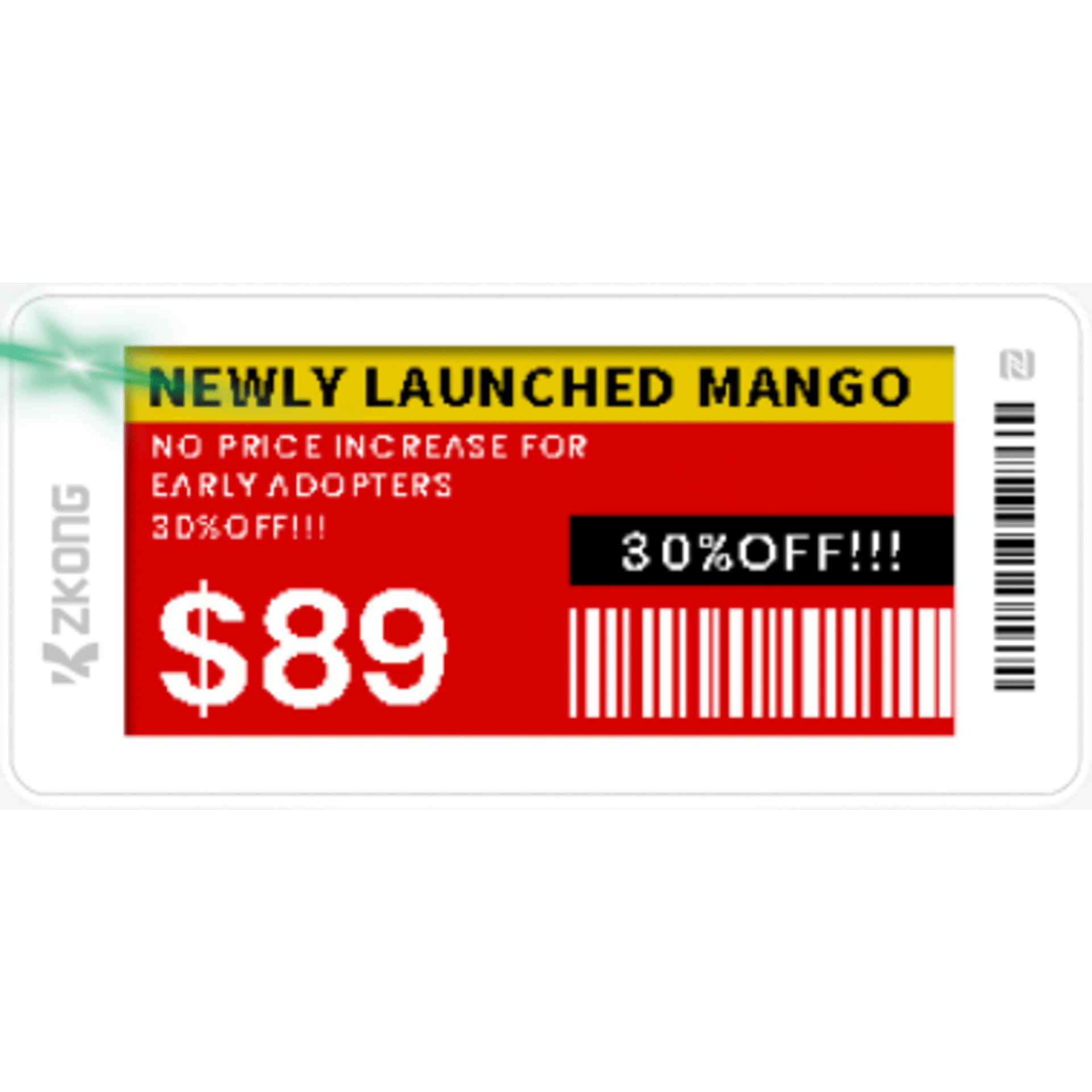 Etiqueta de EstanterÃ­a ElectrÃ³nica ESL ZKE21B / Pantalla EPD 2.13 Pulgadas / ResoluciÃ³n 122x250 PÃ­xeles / 4 Colores (Negro Blanco Rojo Amarillo) / BLE 5.0 con EncriptaciÃ³n AES-128 / BaterÃ­a 5 AÃ±os / NFC / C