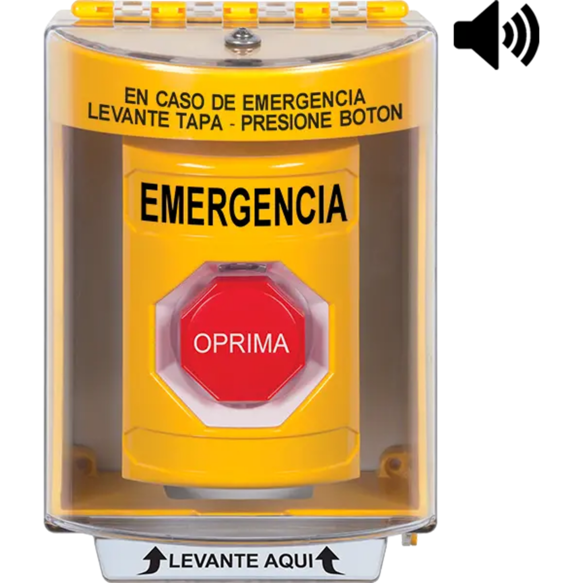 ?BotÃ³n MultipropÃ³sito, Color Amarillo, De Superficie con Espaciador, C/Tapa De Policarbonato, C/Bocina Pre Alarma, Interior/Exterior, Llave Para Restablecer, Texto De Emergencia, EspaÃ±ol