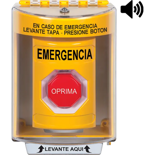 ?BotÃ³n MultipropÃ³sito, Color Amarillo, De Superficie con Espaciador, C/Tapa De Policarbonato, C/Bocina Pre Alarma, Interior/Exterior, Llave Para Restablecer, Texto De Emergencia, EspaÃ±ol