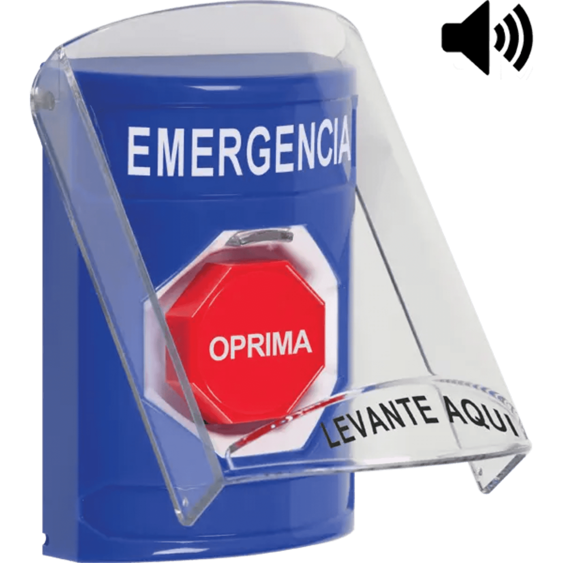 ?BotÃ³n MultipropÃ³sito, Color Azul, De Superficie, Con Tapa De Policarbonato, Con Bocina Pre Alarma, Solo Interior, Llave Para Restablecer, Texto De Emergencia, EspaÃ±ol