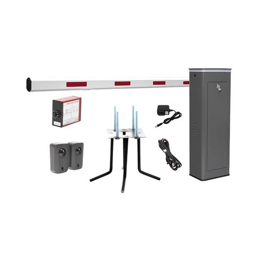Kit COMPLETO Barrera Izquierda XBS Con Corona LED / Brazo de 5.5 Metros / Incluye Sensor de Masa, Transformador, Lazo MagnÃ©tico, Ancla, Fotoceldas y 2 Controles InalÃ¡mbricos